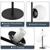 Collage of close-up images and a full product shot of a black table lamp with white glass globes. Náhľad obrázku produktu