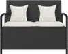 A black poly rattan garden bench with two white seat cushions and two white back cushions, shown from the front. Anteprima dell’immagine prodotto