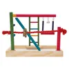 A colorful bird playground with ladders, swings, and a rope, set on a wooden base. Náhled obrázku produktu