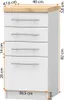 A diagram showing the dimensions of a white cabinet with a wooden top. Produktbild-Vorschau