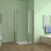A modern bathroom with a glass shower enclosure, toilet, and towel rack. Produktbild-Vorschau