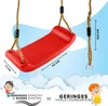 A red swing seat with ropes is shown hanging against a light blue sky with clouds. Dimensions and text highlighting features are overlaid on the image. Produktbild-Vorschau