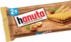 A product package for Hanuta Haselnuss Schnitte, featuring an image of the wafer and hazelnuts against a wooden background. Anteprima dell’immagine prodotto