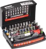 A black bit box with various bits and a magnetic bit holder displayed inside. The lid is open, showing a chart of the different bit types and sizes. Produktbild-Vorschau