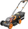 A black and orange electric lawnmower is shown against a white background. Produktbild-Vorschau