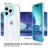 A clear protective case for an iPhone 14 Pro Max is shown with a rainbow effect and blue accents highlighting the camera ring and display bezels. A scenic background of mountains and the aurora borealis is visible behind the phone. Produktbild-Vorschau