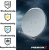 A satellite dish covered in snow, with icons indicating weather resistance. Produktbild-Vorschau