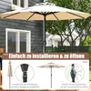 A patio umbrella is shown in use outdoors, with instructional graphics below. Podgląd zdjęcia produktu
