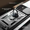 A close-up of a silver and black phone case with a ring holder and camera cover. Produktbild-Vorschau