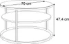 A line drawing of a round coffee table with two shelves, showing dimensions. Produktbild-Vorschau