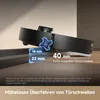 A robot vacuum cleaner is shown navigating over a threshold, with measurements indicating its capability to overcome obstacles. Produktbild-Vorschau