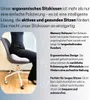 A person sitting on an ergonomic seat cushion on a chair, with descriptive text and icons. Produktbild-Vorschau