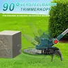 A lawn trimmer head is shown in action, cutting grass near a stone block, with a bush in the background. Produktbild-Vorschau