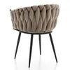 Rear view of a beige upholstered chair with a woven back and black metal legs, isolated on a white background. Náhľad obrázku produktu