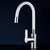 A modern kitchen faucet with a white flexible spout and silver handle, set against a dark blue background. Produktbild-Vorschau