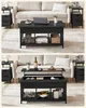Two images of a black lift-top coffee table with storage, placed in a living room setting with a sofa and side tables. Produktbild-Vorschau