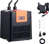 A black and orange aquarium chiller with a digital display and accessories, including a water pump, hoses, and clamps, arranged on a white background. Produktbild-Vorschau