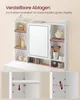 A white vanity table with a mirror and shelves, displaying various cosmetic products. The image includes close-up insets showing cabinet details. Produktbild-Vorschau