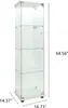 A tall, narrow glass display cabinet with multiple shelves, shown against a white background with dimension labels. Náhled obrázku produktu