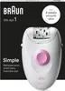 A product shot of a Braun Silk-épil 1 epilator on a black background, with marketing text. Produktbild-Vorschau