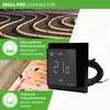 A thermostat is shown next to images of water-based and electric underfloor heating systems. Anteprima dell’immagine prodotto