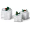 Three illuminated Christmas gift boxes decorated with pine cones and berries, set against a white background. Anteprima dell’immagine prodotto