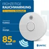 A product image for a smoke detector, featuring promotional text and product details. Produktbild-Vorschau