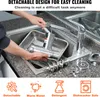 A person is cleaning a meat grinder in a kitchen sink, with various parts of the grinder laid out. Below are icons representing features. Produktbild-Vorschau