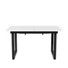 A white rectangular dining table with black metal legs, shown from the front. Produktbild-Vorschau