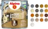 A can of Alpina wood stain with a collage of color swatches. Produktbild-Vorschau