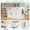 A collage of images showing a white kitchen island with drawers and doors, along with close-up details of its construction and features. Náhled obrázku produktu
