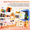 Marketing image showcasing Android 16.0 features with app screenshots and a robot mascot. Produktbild-Vorschau
