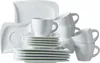 A collection of white ceramic plates and cups are neatly stacked and arranged on a white background. Produktbild-Vorschau