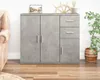 A gray sideboard with multiple drawers and doors, placed on a wooden floor next to a chair and a plant. Produktbild-Vorschau
