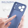 A hand is touching a blue phone case, highlighting its matte surface and soft grip. Produktbild-Vorschau