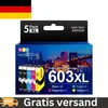 A box of Epson 603XL ink cartridges with a city skyline and bridge graphic on the front. The German flag is in the top left corner, and a "FREE shipping" graphic is in the bottom left. Produktbild-Vorschau