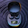 A pair of black wireless earbuds in an open charging case with a digital display showing '100'. The case has a colorful LED light ring around the base. The background is a dark, textured fabric. Produktbild-Vorschau