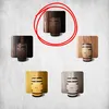 A collage of five different wooden barrels, each displayed in front of a wooden panel background. The top-center image is circled in red. Podgląd zdjęcia produktu