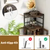 A corner bar cabinet with decorative items and plants, with inset images showing installation safety features. Náhľad obrázku produktu
