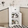 A white corner vanity cabinet with a sink and faucet, filled with various toiletries and towels, in a bathroom setting. Náhled obrázku produktu