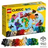 A LEGO Classic 'Around the World' set box with a world map illustration and various LEGO builds of animals and landmarks. Below the box, loose LEGO bricks are displayed in color gradients. Produktbild-Vorschau