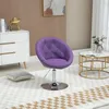 A purple armchair with a silver base is shown in a room with a white dresser, a coffee table, and a rug. Produktbild-Vorschau