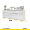 A white sideboard with multiple drawers and doors, decorated with various items on top, including framed pictures and sculptures. Dimensions are indicated with yellow lines and text. Voir les images du produit