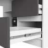 Close-up view of an open drawer with metal drawer slides on a desk. Produktbild-Vorschau