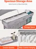 Collage of images showing different storage and hanging features of a baby changing table. Voir les images du produit