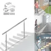 A collage of images showing a stainless steel handrail kit and examples of its use on stairs indoors and outdoors. Náhled obrázku produktu