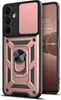 A rose gold and black phone case with a ring holder and camera cover is shown next to a smartphone. Produktbild-Vorschau