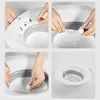 Collage of four images showing the assembly and final product of a foldable sitz bath. Produktbild-Vorschau