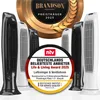 A collage of tower fans with an award graphic overlay. Produktbild-Vorschau