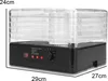 A food dehydrator with multiple trays is shown on a white background. Dimensions are indicated with text labels. Produktbild-Vorschau
